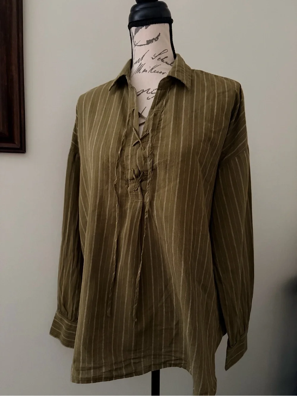 Free People Olive Stripe Lace-Up Tunic